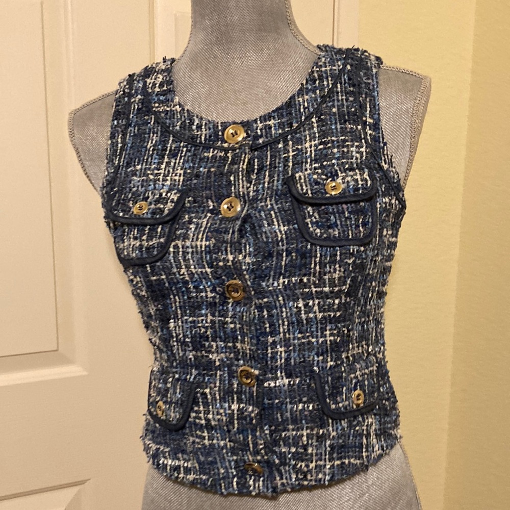 Cache Blue Tweed Button Front Vest with Gold Buttons